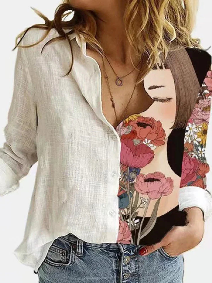 Woman wearing white button-up shirt with artistic floral and female face print, paired with blue jeans