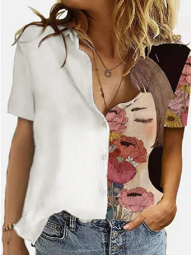 Womens short sleeve button-up shirt with floral and girl face print and solid white panel