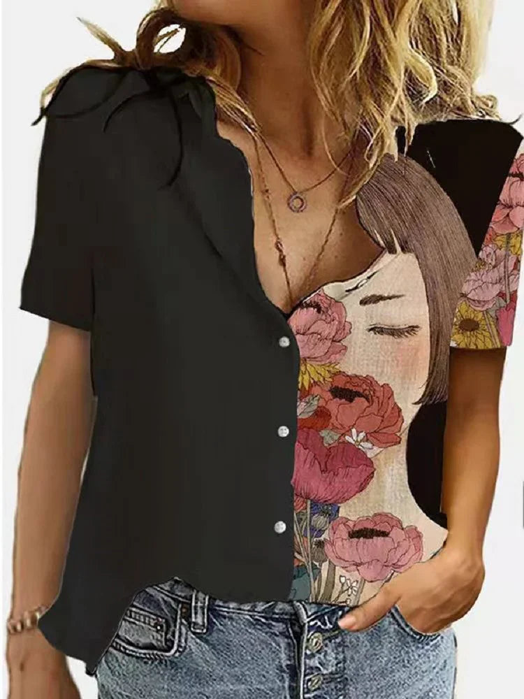 Women’s short sleeve button shirt with black solid half and floral face print on the other half, paired with blue jeans