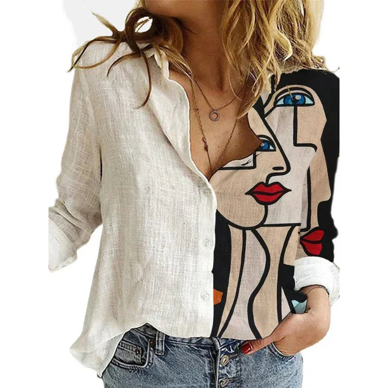 Woman wearing white button-up shirt with abstract cubism style face art and blue jeans