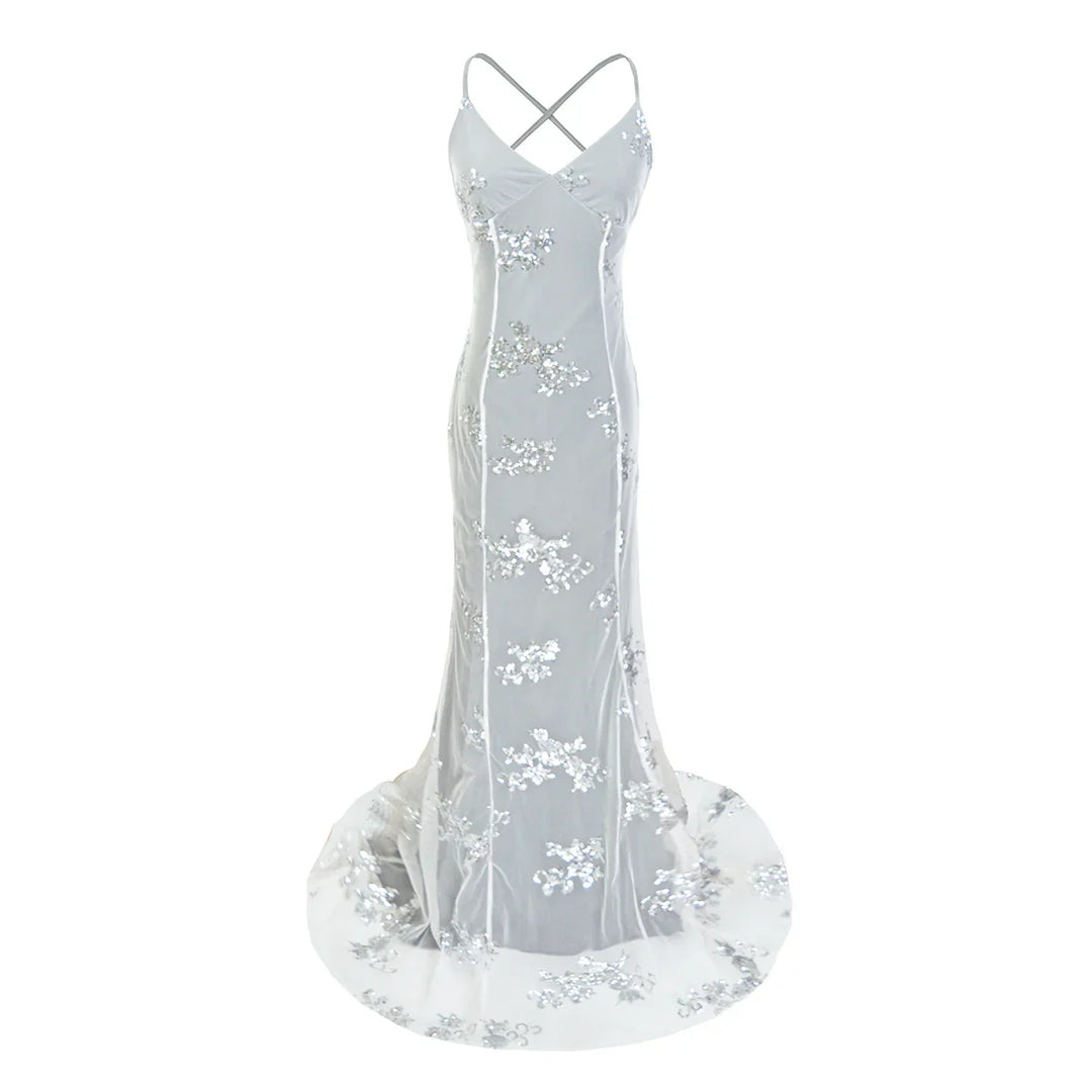 Elegant white wedding gown with silver floral sequins and crisscross straps