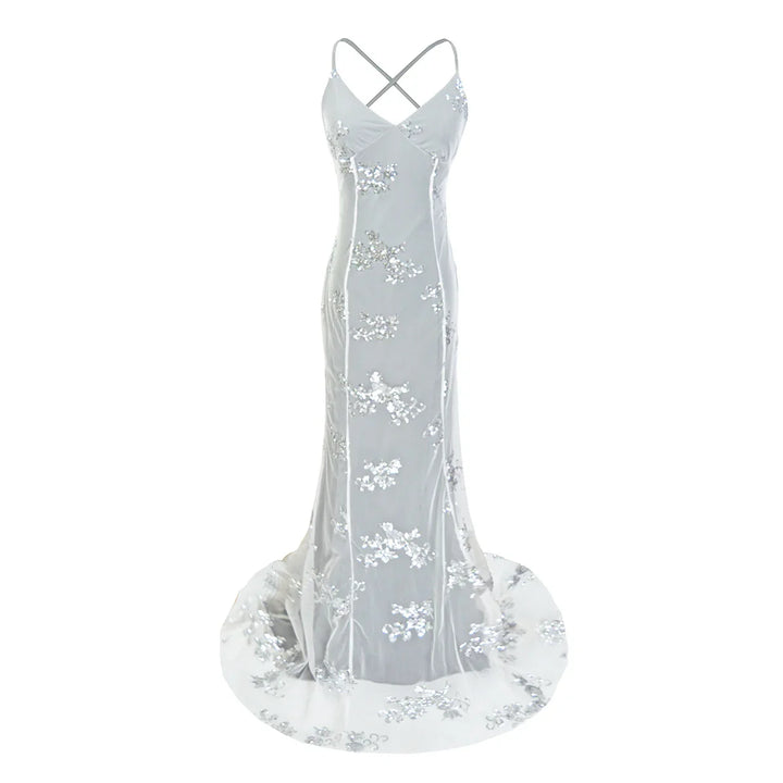 Elegant white wedding gown with silver floral sequins and crisscross straps