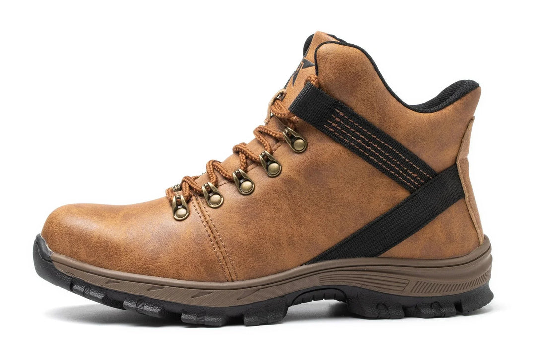 Brown leather hiking boot with black fabric accents and rugged black sole on white background