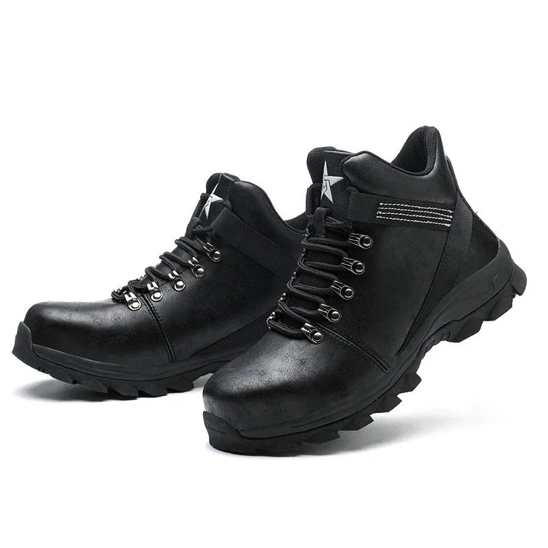 Pair of black rugged hiking boots with metal eyelets and star logo on tongue