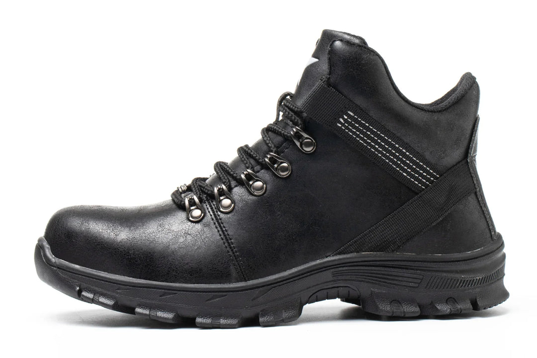 Black leather hiking boot with metal eyelets and rugged sole on white background
