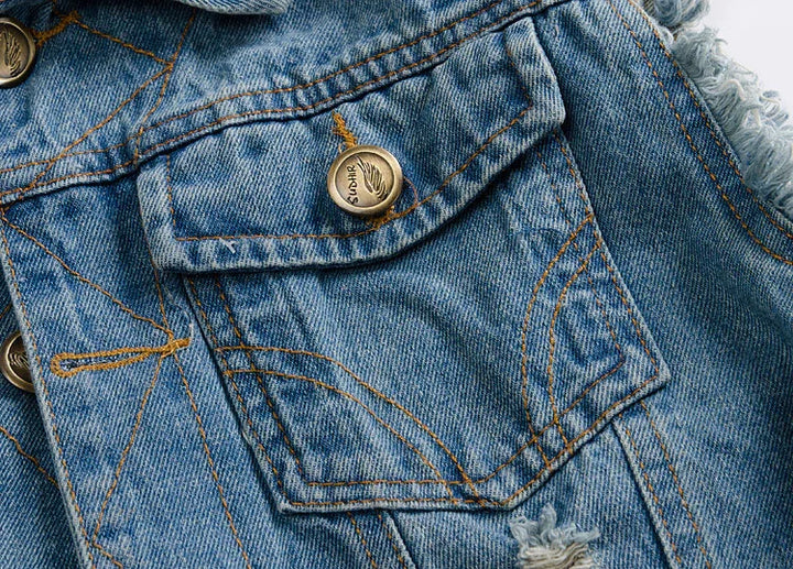 Close-up of blue denim jacket pocket with metal button and orange stitching detail