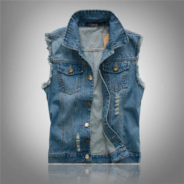 Distressed blue denim sleeveless vest with button front and chest pockets
