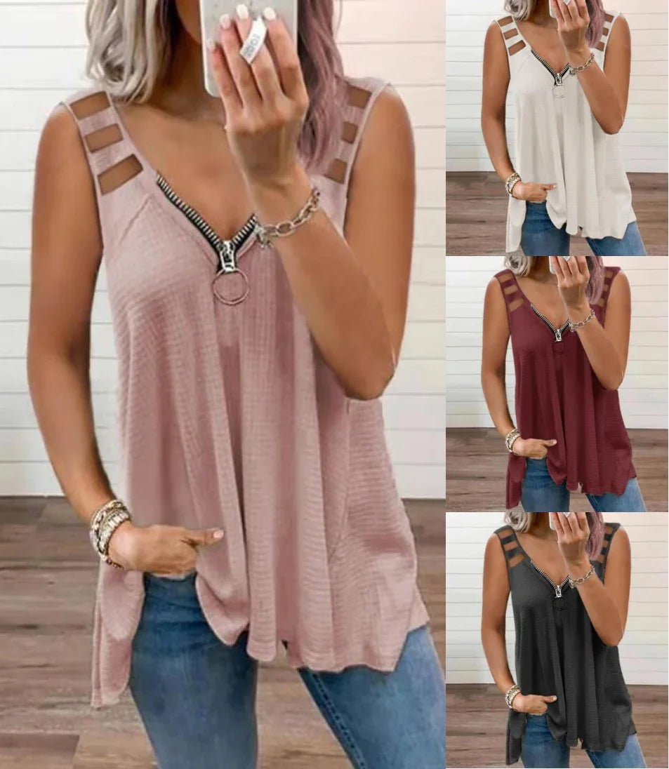 Women wearing sleeveless casual tops in pink, white, burgundy, and black with zipper and ladder cutout details