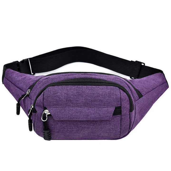 Purple fabric waist bag with multiple zippered compartments and adjustable black strap