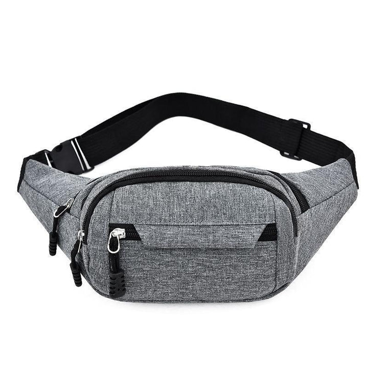 Grey fabric waist bag with multiple zippered compartments and black adjustable strap