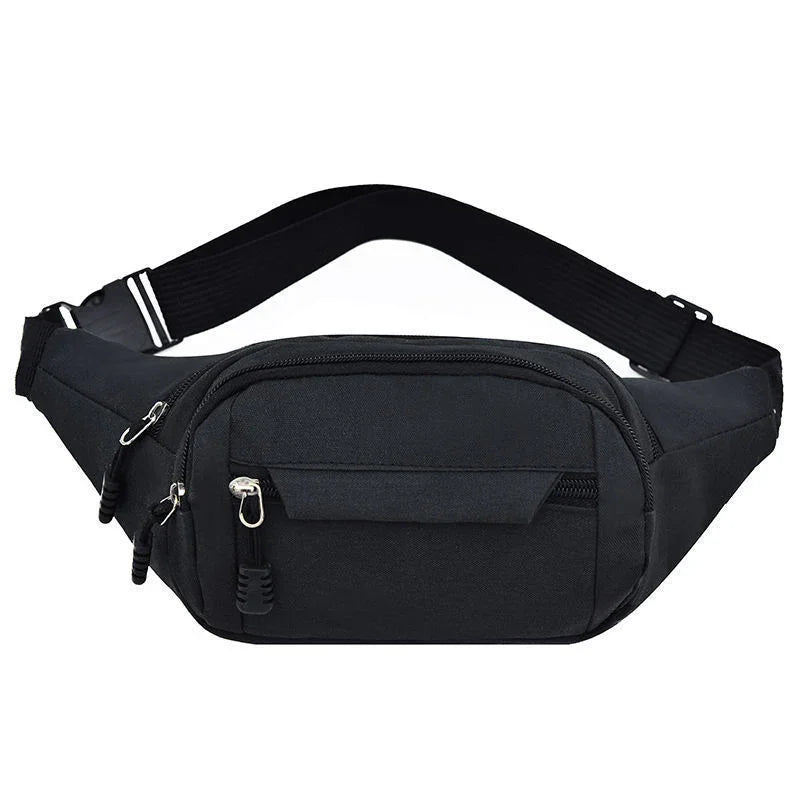 Black waist bag with multiple zippered pockets and adjustable strap for hands-free carrying