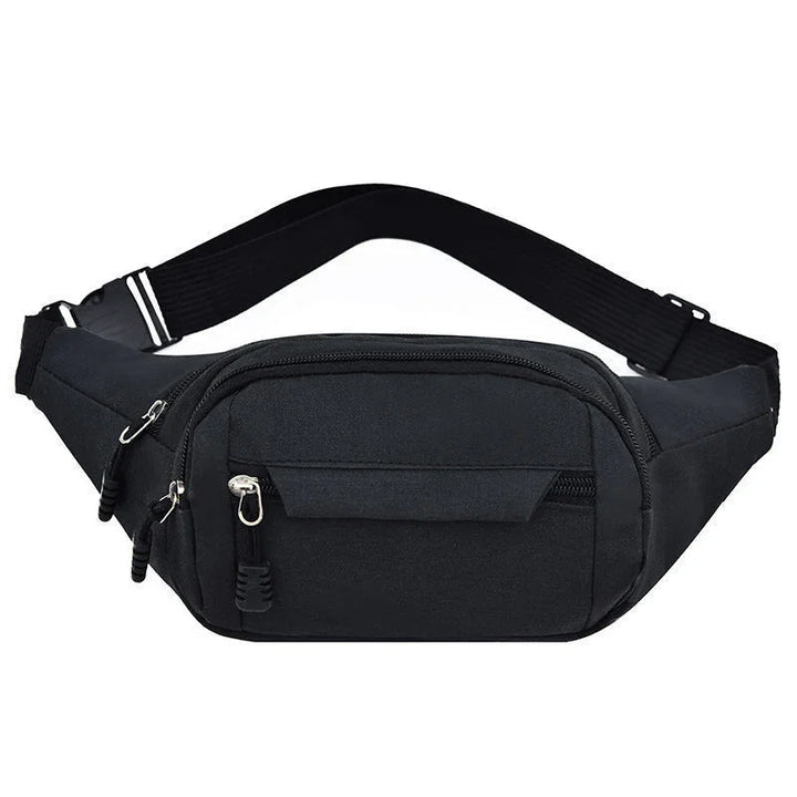 Black waist bag with multiple zippered pockets and adjustable strap for hands-free carrying