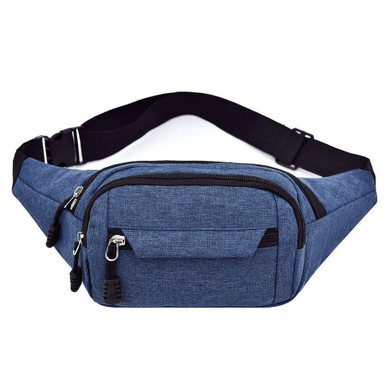 Blue fabric waist bag with black adjustable strap and multiple zippered compartments