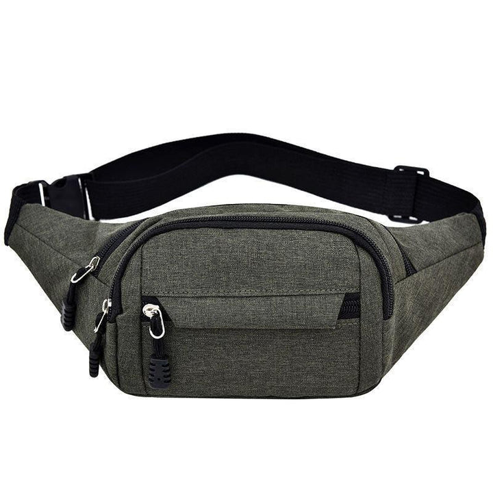 olive green fabric waist bag with multiple zippered compartments and adjustable black strap