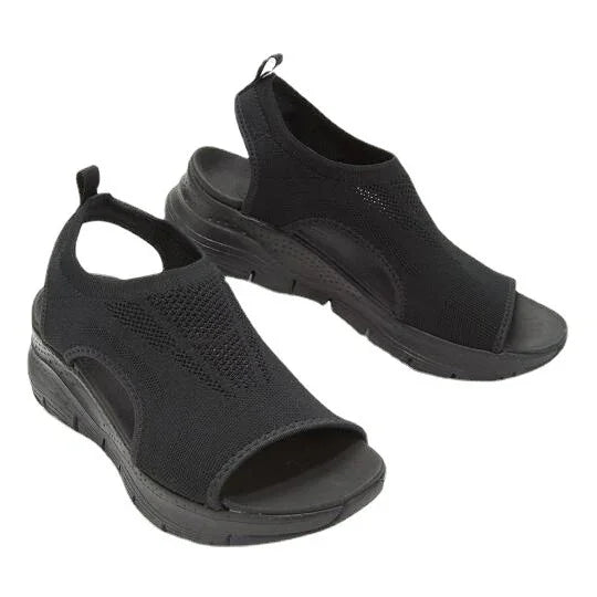 black open-toe slip-on casual sandals with knit upper and cushioned sole