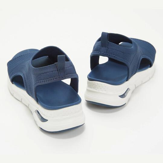 Rear view of blue sports sandals with thick white soles and adjustable back straps