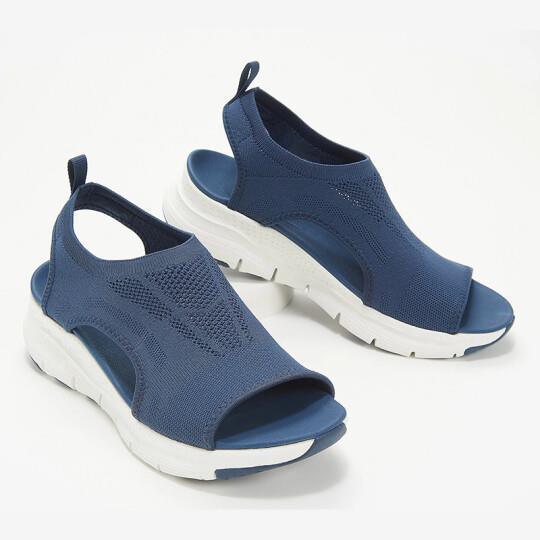 Pair of navy blue sporty open-toe sandals with breathable mesh upper and white cushioned sole