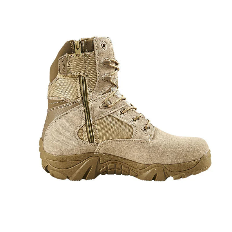 Tan tactical combat boot with side zipper, lace-up design, and rugged sole on white background