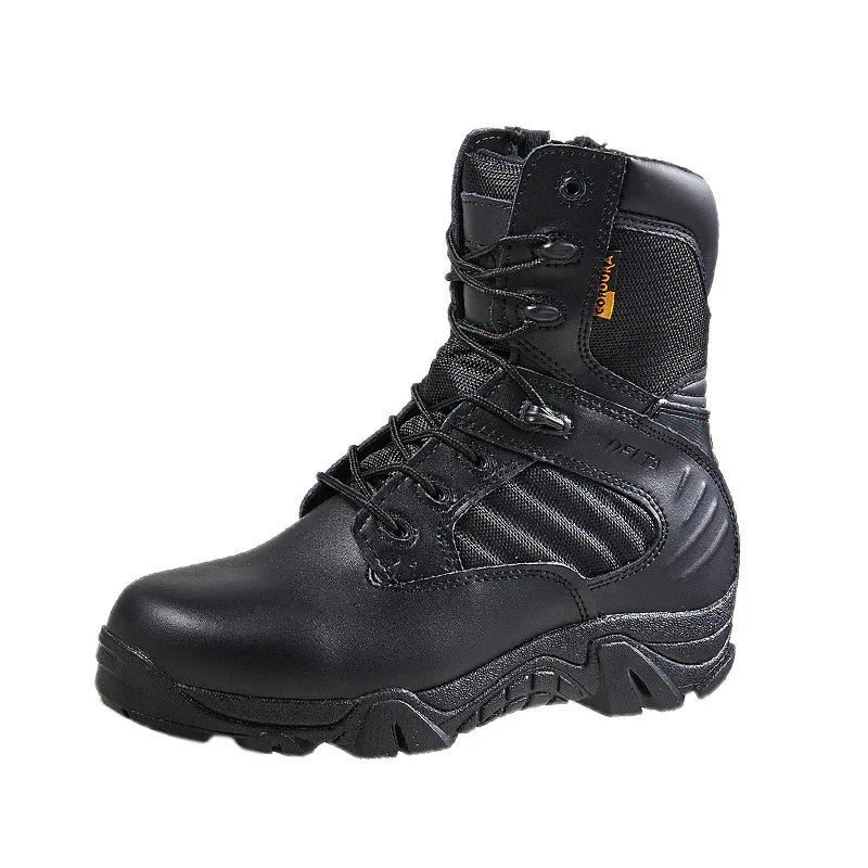 Black tactical military boot with sturdy sole, lace-up design, and padded ankle support