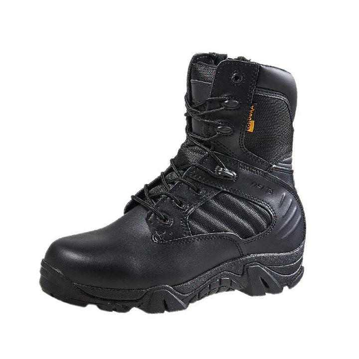 Black tactical military boot with sturdy sole, lace-up design, and padded ankle support