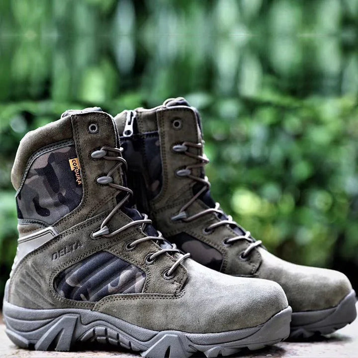 Pair of durable gray Delta tactical boots with Cordura fabric and rugged soles outdoors