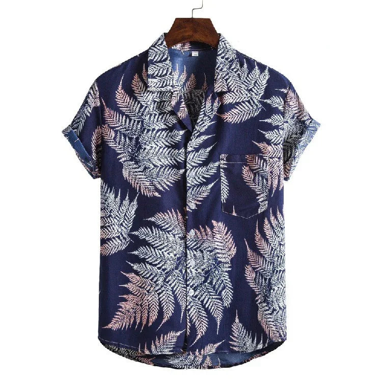 Men's short sleeve navy blue Hawaiian shirt with white and light pink fern leaf print
