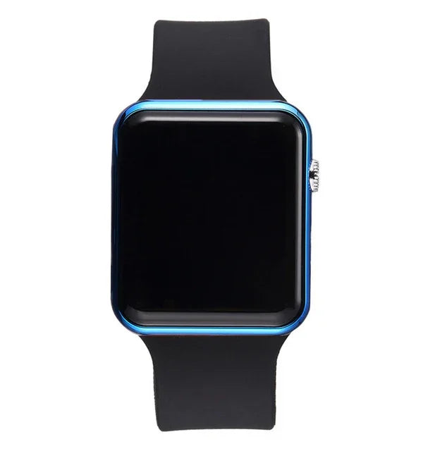 black smartwatch with blue metallic frame and black silicone strap isolated on white background