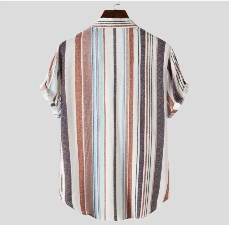 Men's casual short sleeve shirt with vertical multicolor stripes on hanger