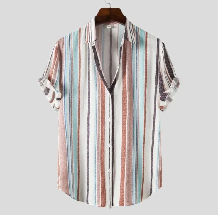 Casual short sleeve button-up shirt with vertical multicolor stripes on hanger
