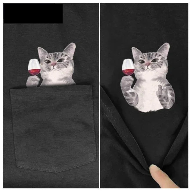 Black shirt with a graphic of a cat holding a wine glass and showing a middle finger inside a pocket
