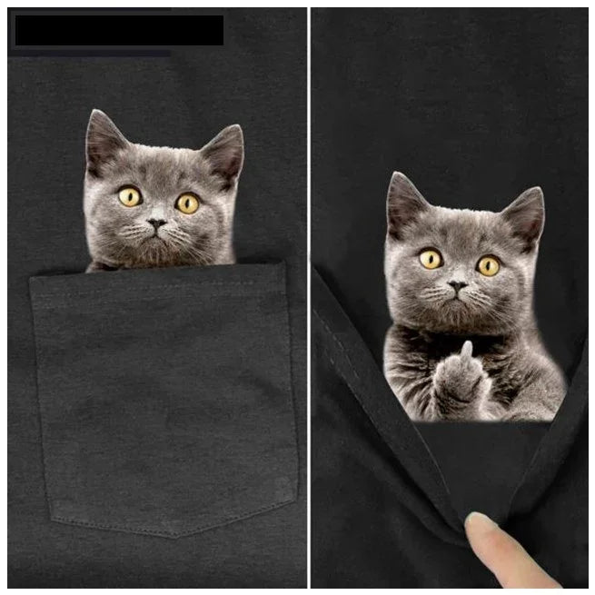 Gray kitten with yellow eyes peeking from black pocket, second image shows kitten giving middle finger