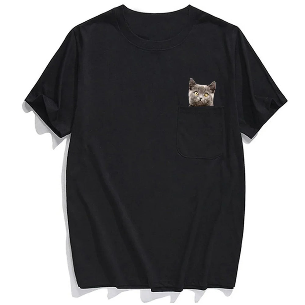 Black T-shirt with a small gray cat peeking out of the chest pocket