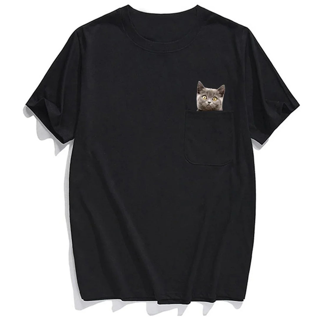 Black T-shirt with a small gray cat peeking out of the chest pocket