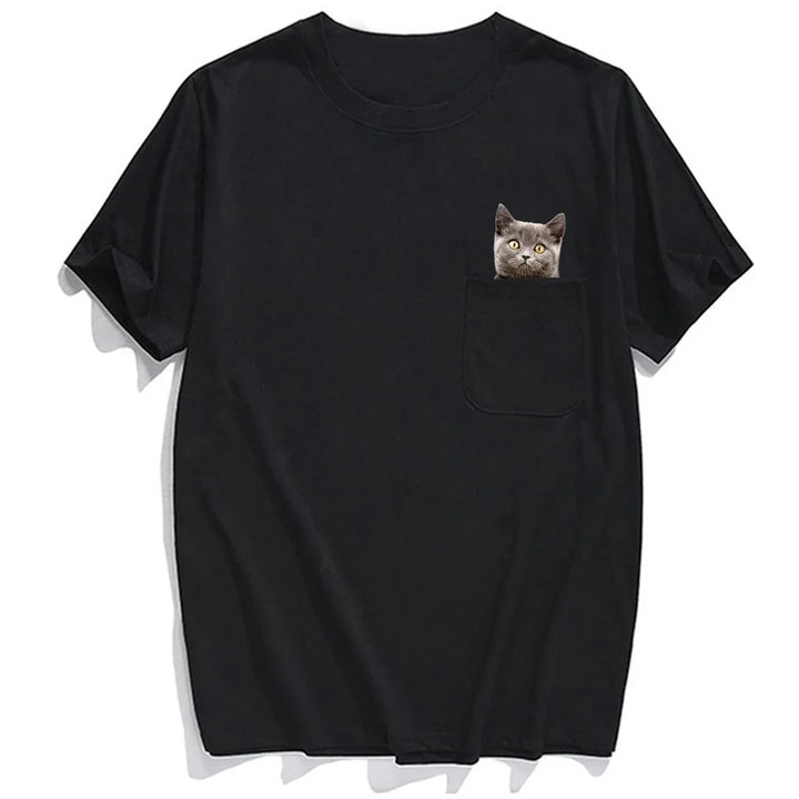 Black T-shirt with a small gray cat peeking out of the chest pocket