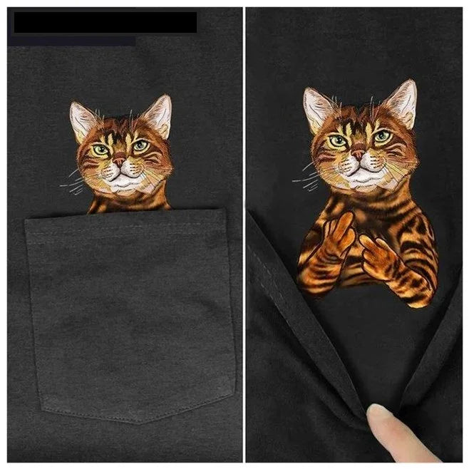 Black t-shirt with a realistic tabby cat printed in the pocket and under fabric, appearing to sit inside