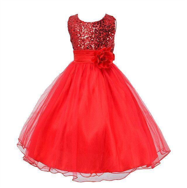 Red sleeveless girls dress with sequined bodice, tulle skirt, and fabric flower belt