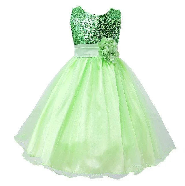 Green sleeveless girl's party dress with sequin bodice and floral waist sash