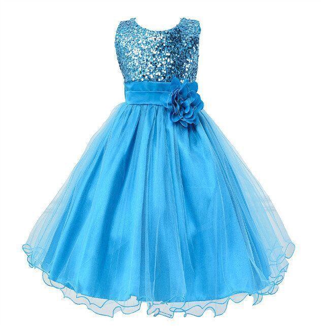 Blue sleeveless girl's party dress with sequin bodice, satin waistband, flower accent, and tulle skirt