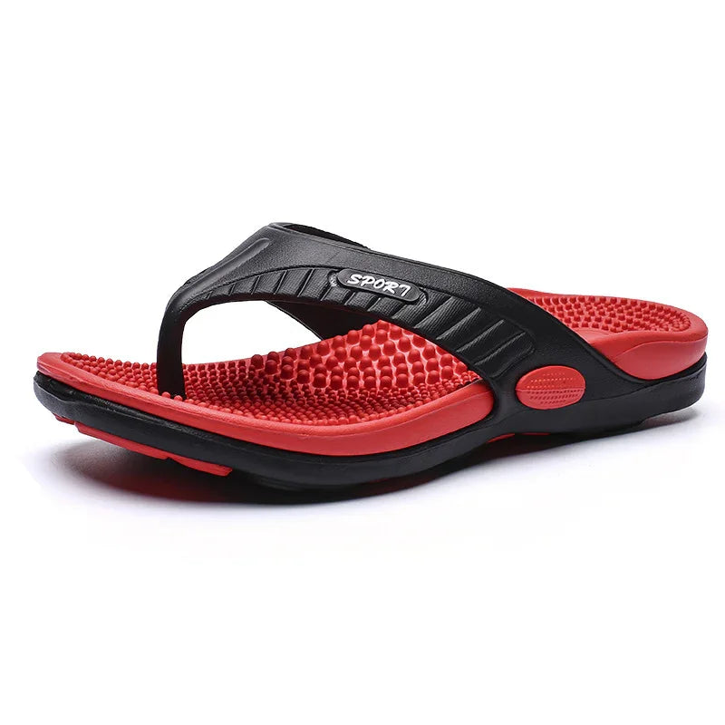 Red and black sports flip flop sandal with textured massage footbed and strap detail