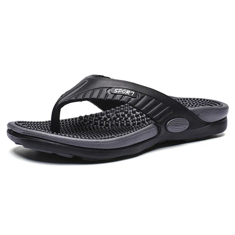 black and gray sport thong sandal with textured massage footbed and cushioned sole