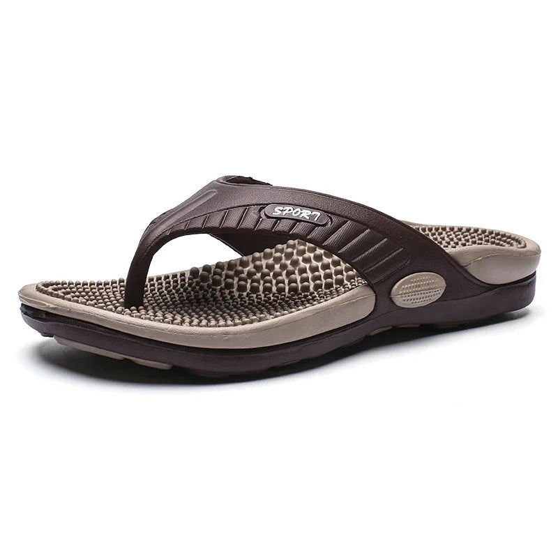 brown and beige massage flip flop sandal with textured footbed and sport strap