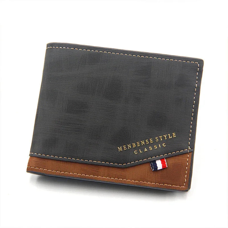 black and brown men's bifold wallet with 'MENBENSE STYLE CLASSIC' text and red white blue tag
