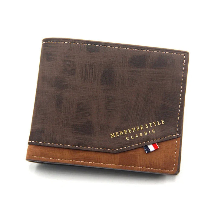 Brown men's bifold wallet with textured pattern and gold text reading 'Menbense Style Classic'