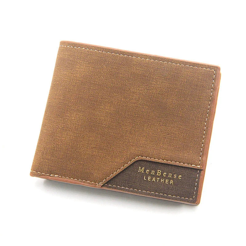 MenBense leather brown bi-fold wallet with contrast stitching and logo detail