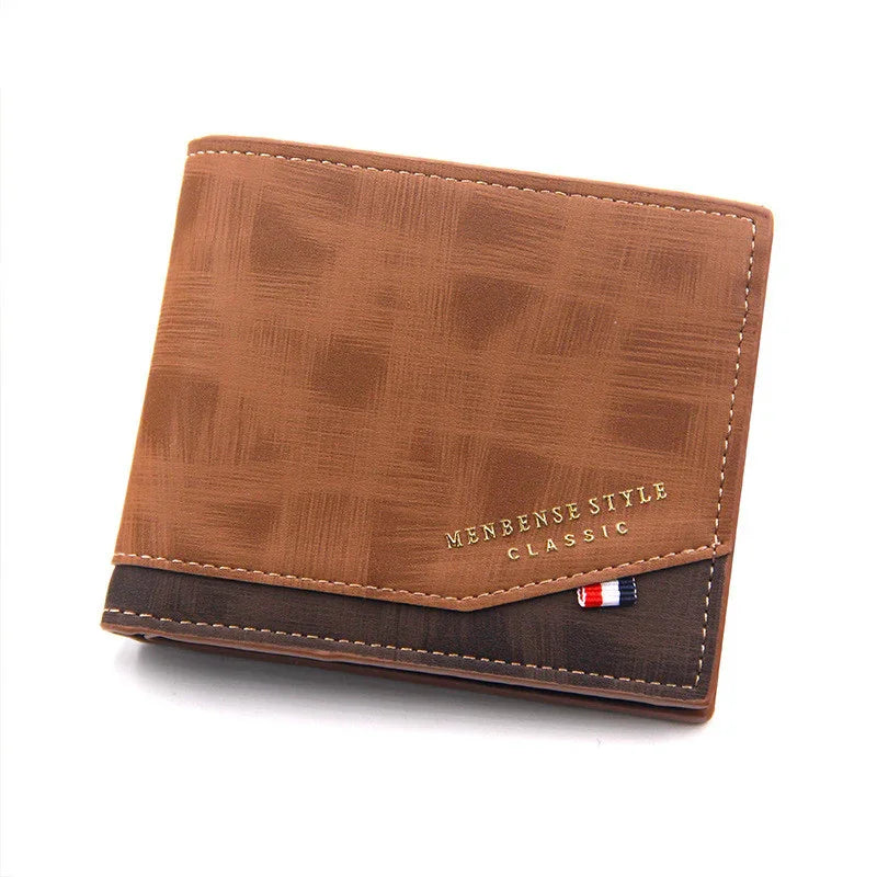 Brown textured men's classic bi-fold wallet with contrasting dark brown trim and gold text