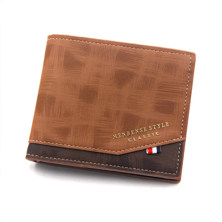 Brown textured men's classic bi-fold wallet with contrasting dark brown trim and gold text
