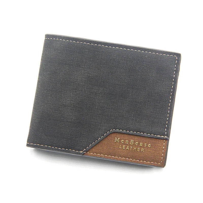 MenBense leather men's bifold wallet in black with brown accent and contrast stitching