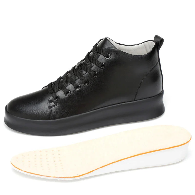Black leather high-top sneaker with black laces and removable cushioned insole on white background