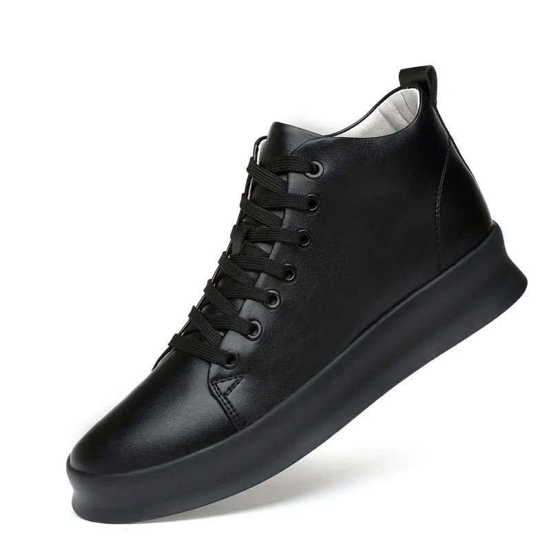 Black leather high-top sneaker with black laces and thick black sole on white background