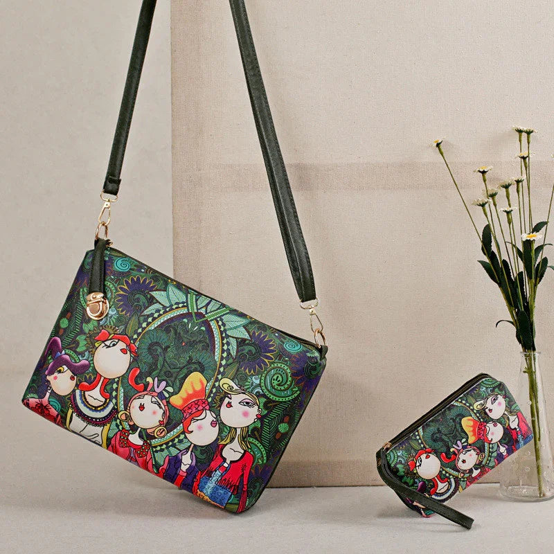 Colorful shoulder bag and matching wallet with artistic cartoon women design against beige backdrop